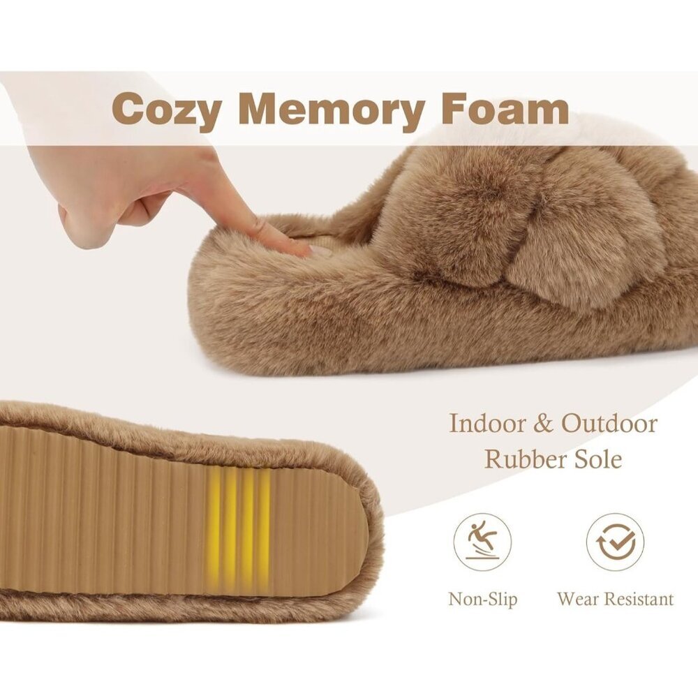 Women's Open Toe Slide Faux Fur Fuzzy Fluff Brown House Slippers Shoes - Picture 5 of 9